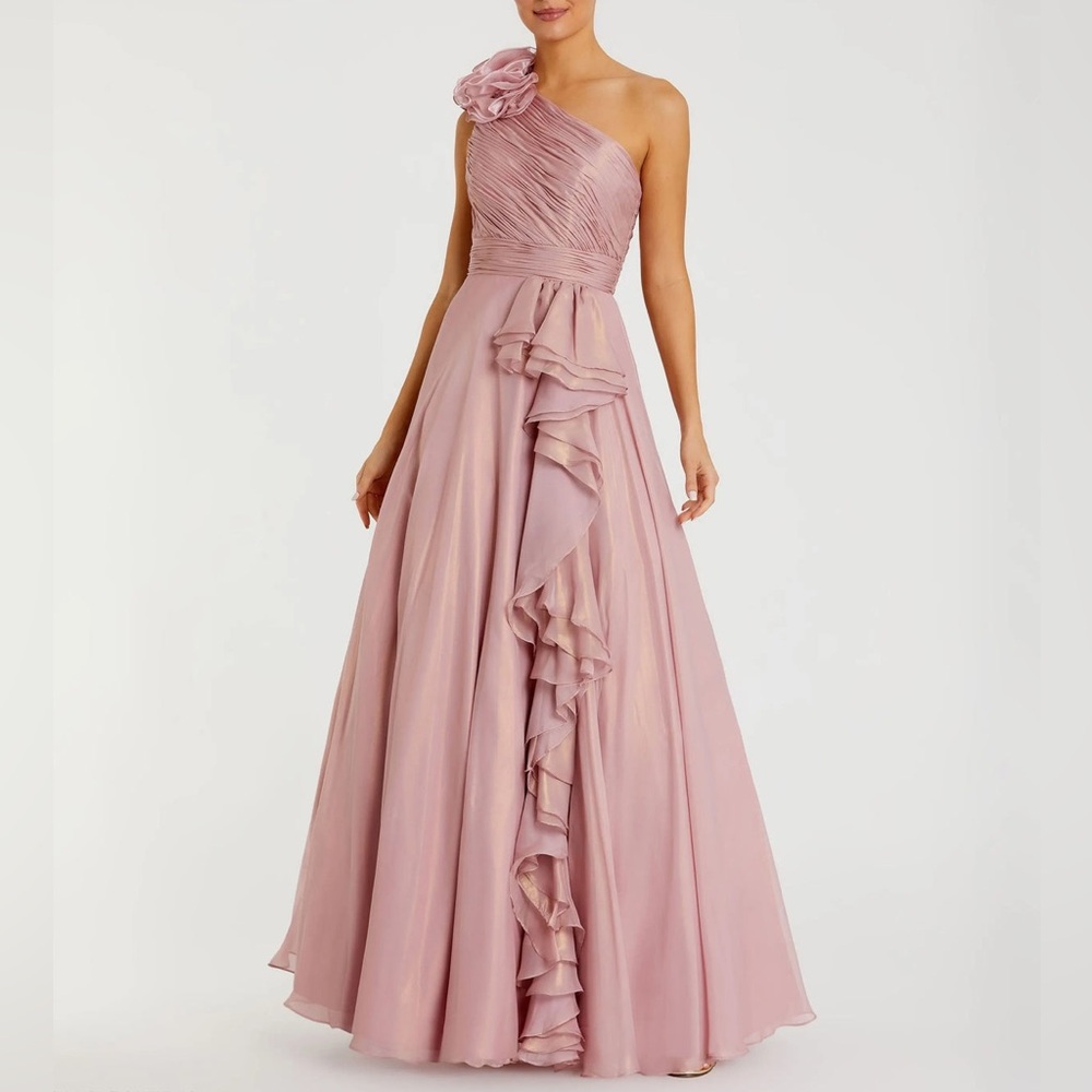 Mac Duggal Pink Iridescent One Shoulder Rosette Ball Gown Pink Rose Gold Size 12 - Picture 2 of 12